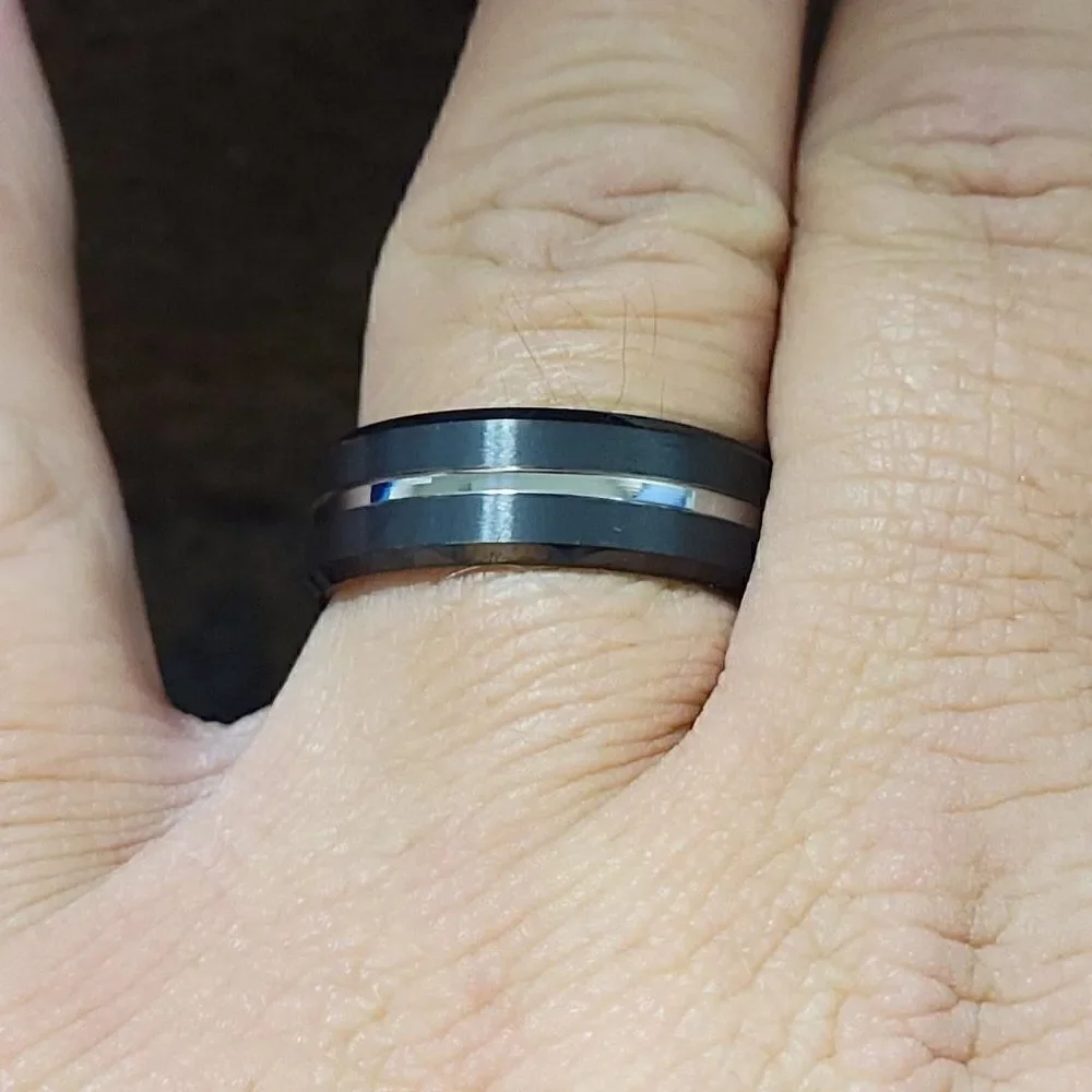 Men's Real Black Tungsten Wedding Ring With A Silver Filled Center Groove